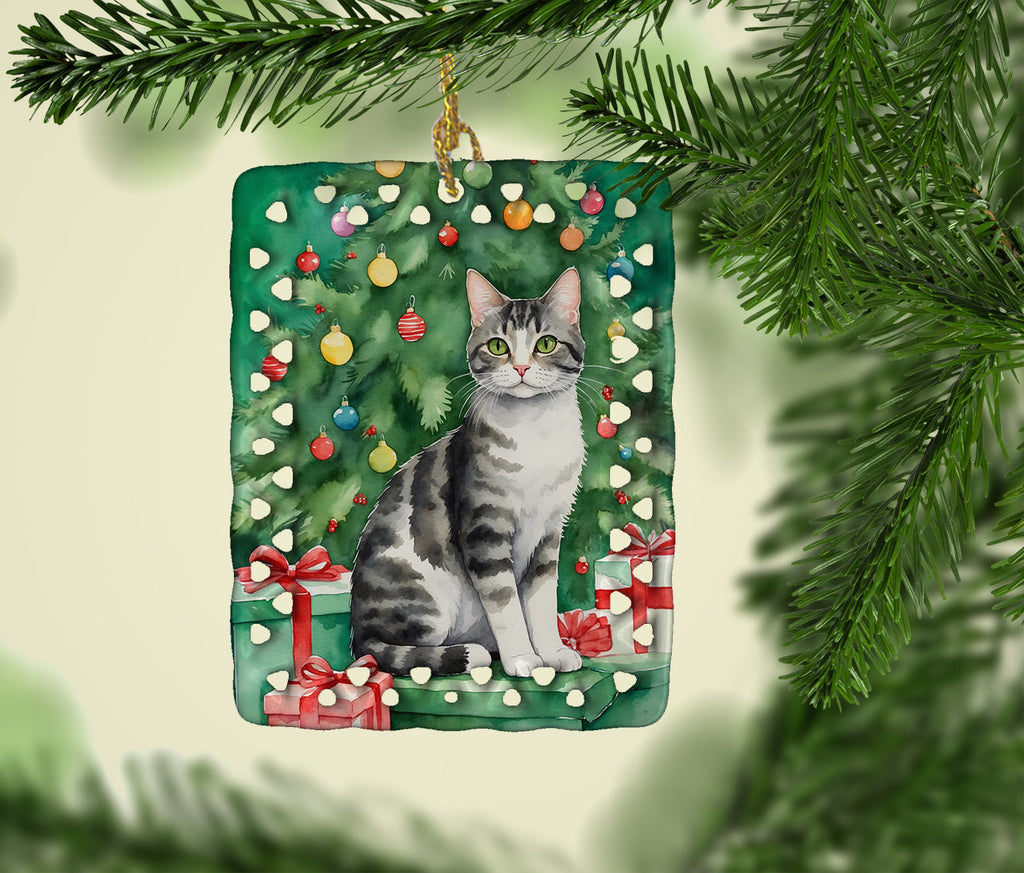 American Wirehair Cat By the Christmas Tree Porcelain Ornament Christmas Tree Hanging Decorations for Home Christmas Holiday, Rectangle, Gift, Multicolor