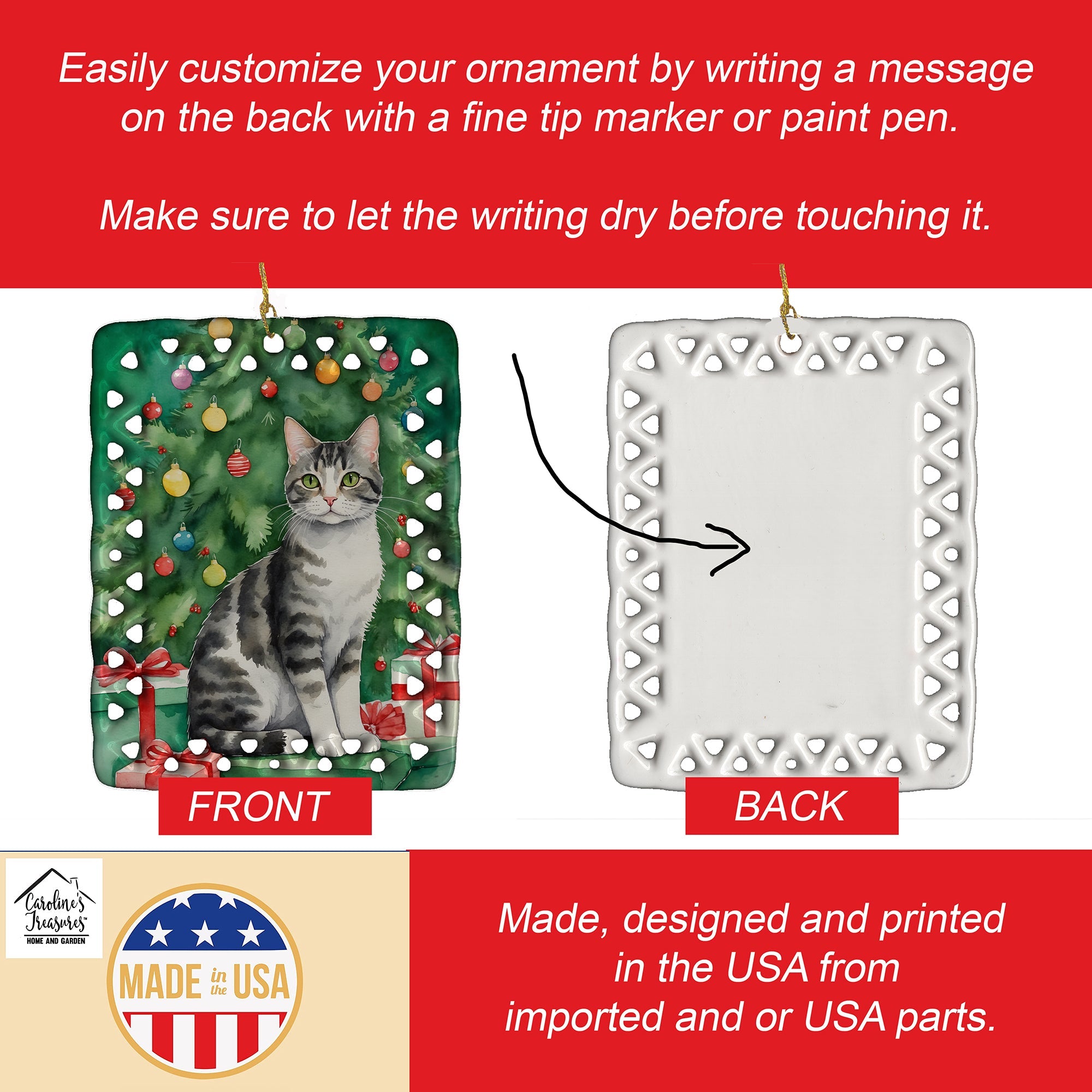 American Wirehair Cat By the Christmas Tree Porcelain Ornament Christmas Tree Hanging Decorations for Home Christmas Holiday, Rectangle, Gift, Multicolor