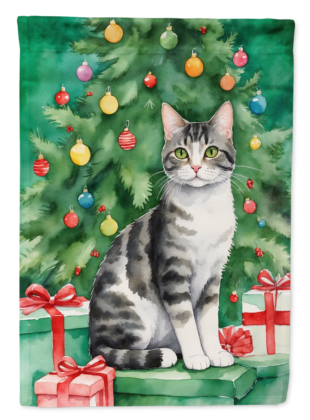 American Wirehair Cat By the Christmas Tree Garden Flag Mailbox Decorative Yard Banner Outside Patio Artwork for Flower Beds, Garden Size, Multicolor