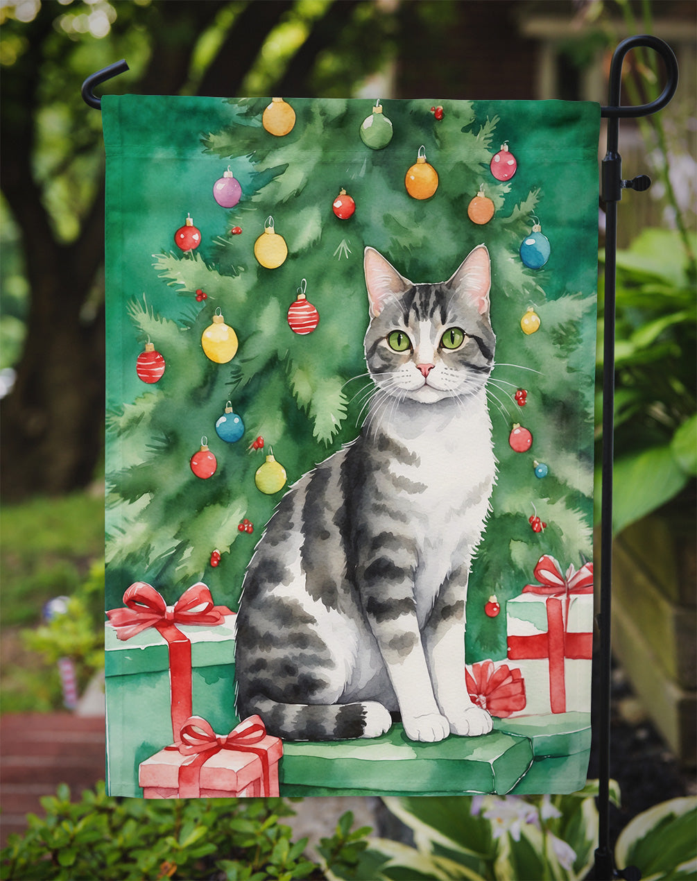 American Wirehair Cat By the Christmas Tree Garden Flag Mailbox Decorative Yard Banner Outside Patio Artwork for Flower Beds, Garden Size, Multicolor