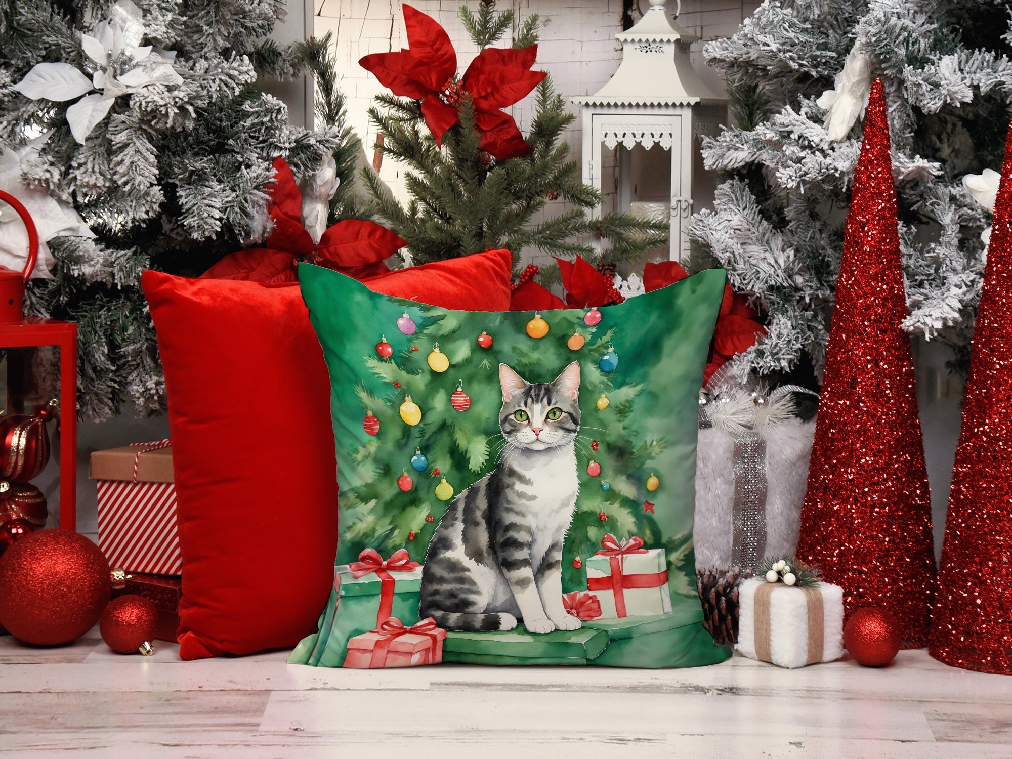 American Wirehair Cat By the Christmas Tree Decorative Throw Pillow 18x18 Indoor Outdoor Accent Cushion, Fabric Cover with Insert for Sofa, Bed, Porch & Living Room