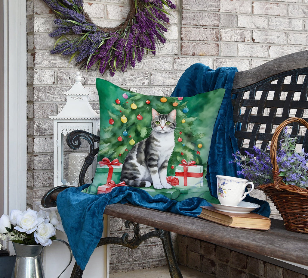 American Wirehair Cat By the Christmas Tree Decorative Throw Pillow 18x18 Indoor Outdoor Accent Cushion, Fabric Cover with Insert for Sofa, Bed, Porch & Living Room