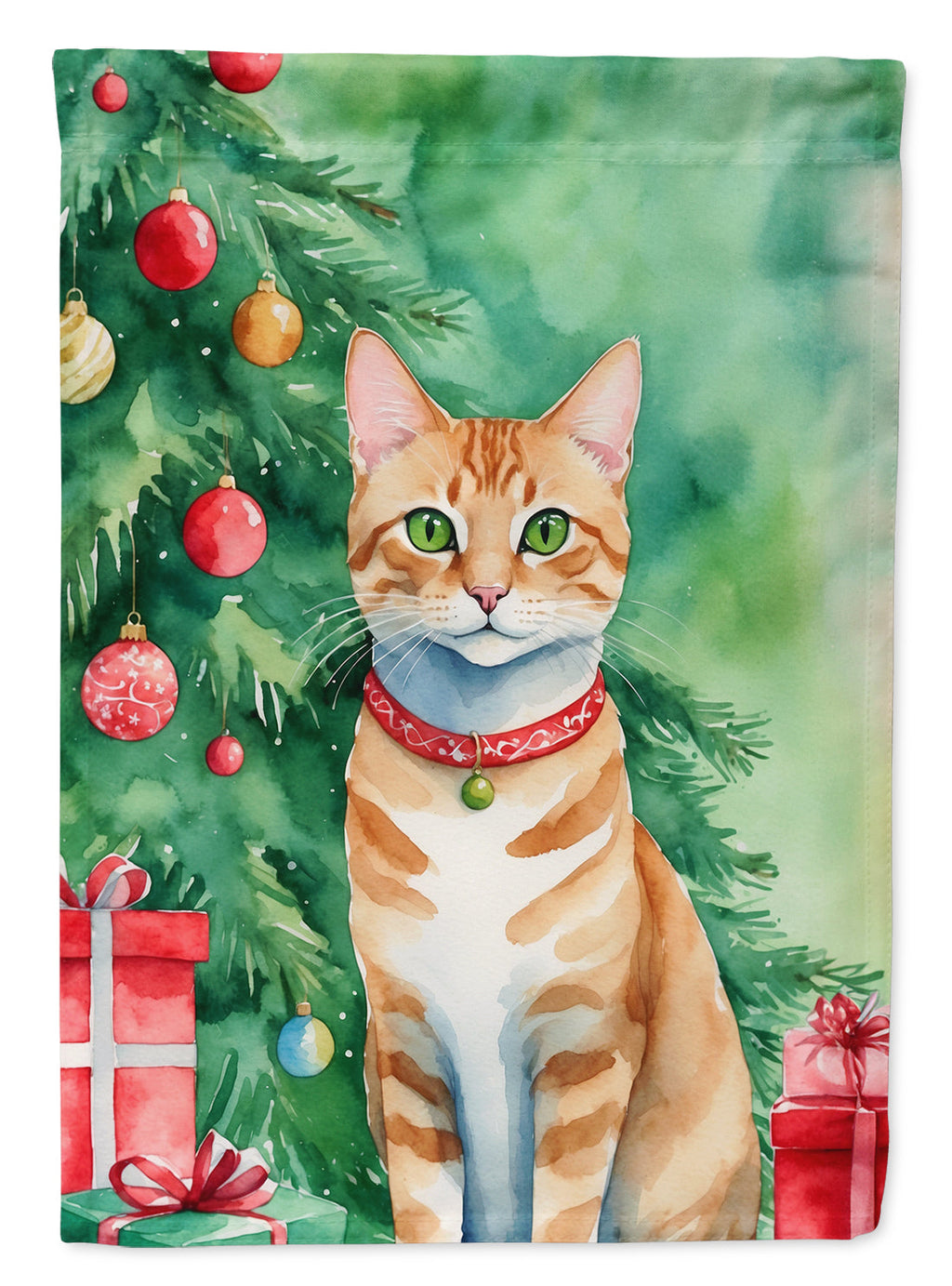 Arabian Mau Cat By the Christmas Tree House Flag 28x40 Porch Sleeve Pole Decorative Outside Yard Banner Artwork Wall Hanging, Polyester
