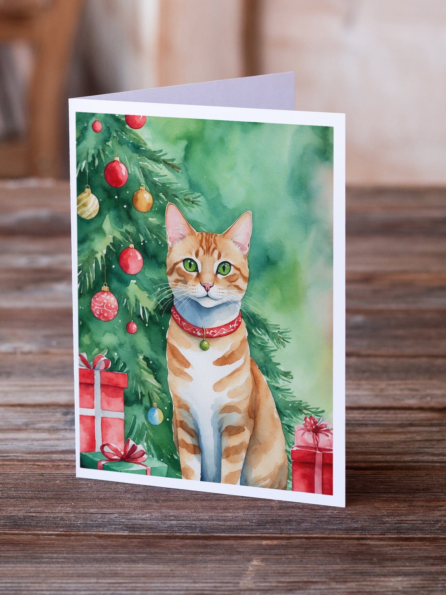 Arabian Mau Cat By the Christmas Tree Greeting Cards Pack of 8 Blank Cards with Envelopes Whimsical A7 Size 5x7
