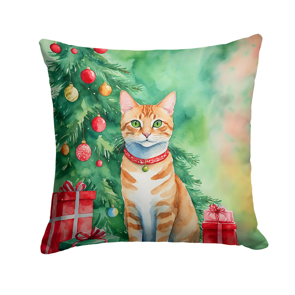 Arabian Mau Cat By the Christmas Tree Decorative Throw Pillow 18x18 Indoor Outdoor Accent Cushion, Fabric Cover with Insert for Sofa, Bed, Porch & Living Room