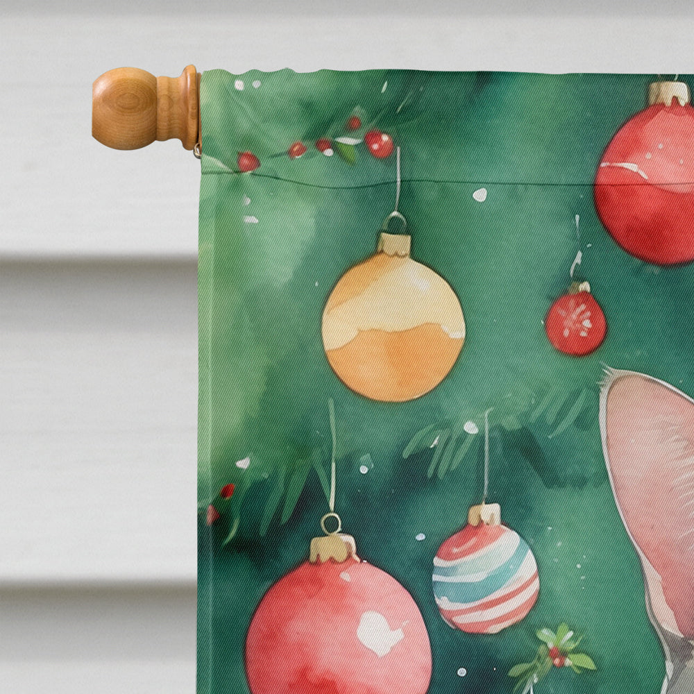 Asian Cat By the Christmas Tree House Flag 28x40 Porch Sleeve Pole Decorative Outside Yard Banner Artwork Wall Hanging, Polyester