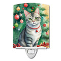Asian Cat By the Christmas Tree Ceramic Night Light Compact, UL-Certified, Ideal for Bedroom, Bathroom, Nursery, Hallway, Kitchen, 6x4x3, Multicolor