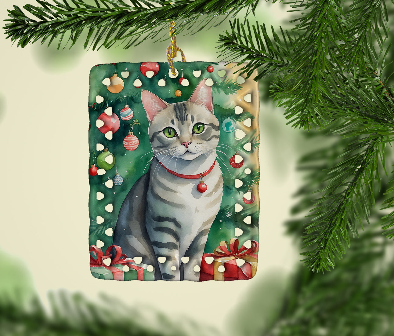 Asian Cat By the Christmas Tree Porcelain Ornament Christmas Tree Hanging Decorations for Home Christmas Holiday, Rectangle, Gift, Multicolor