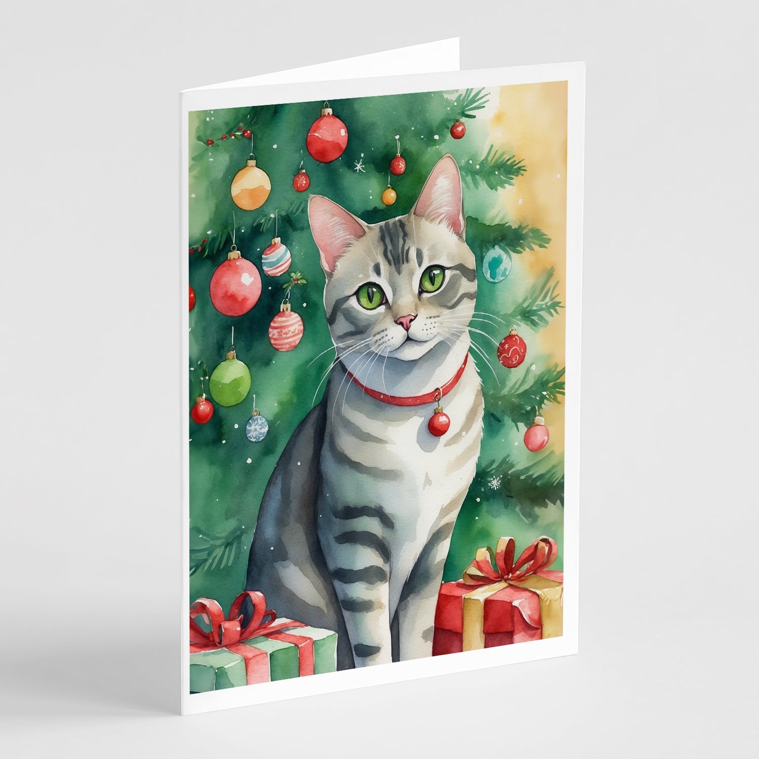 Asian Cat By the Christmas Tree Greeting Cards Pack of 8 Blank Cards with Envelopes Whimsical A7 Size 5x7