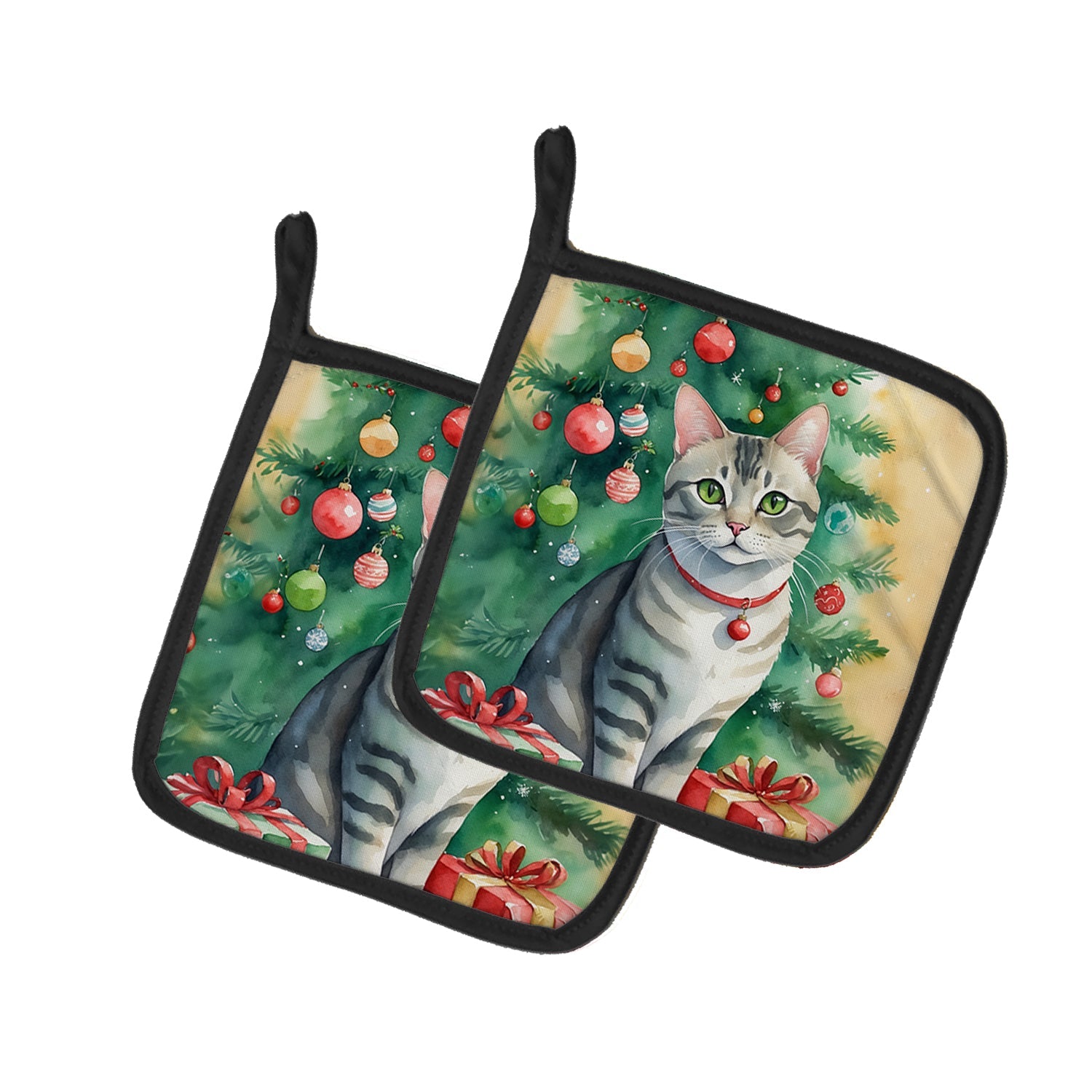 Asian Cat By the Christmas Tree Pot Holder Set of 2 Heat Resistant Quilted Hot Pads 7.5 x 7.5 Inch, Insulated Kitchen Trivets for Cooking & Baking
