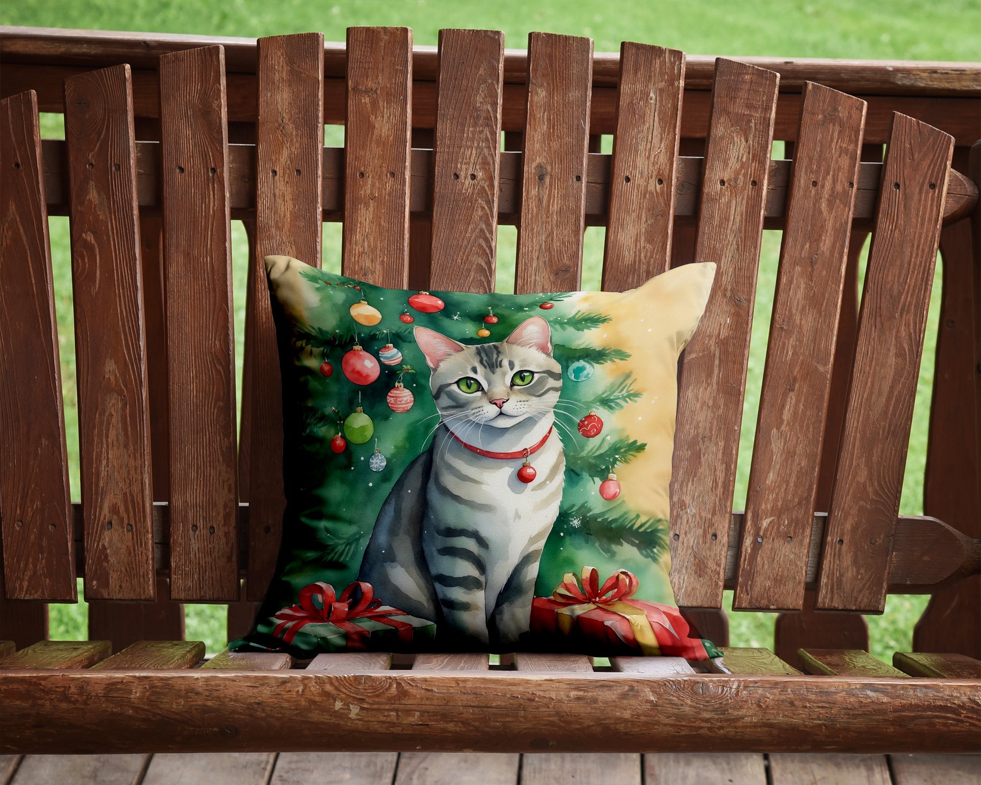 Asian Cat By the Christmas Tree Decorative Throw Pillow 14x14 Indoor Outdoor Accent Cushion, Fabric Cover with Insert for Sofa, Bed, Porch & Living Room