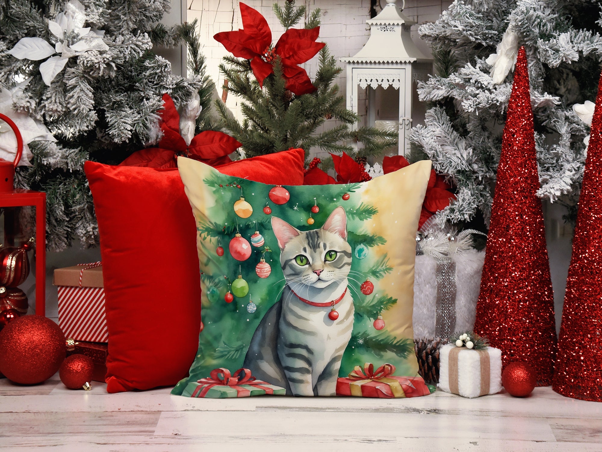 Asian Cat By the Christmas Tree Decorative Throw Pillow 18x18 Indoor Outdoor Accent Cushion, Fabric Cover with Insert for Sofa, Bed, Porch & Living Room