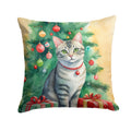 Asian Cat By the Christmas Tree Decorative Throw Pillow 18x18 Indoor Outdoor Accent Cushion, Fabric Cover with Insert for Sofa, Bed, Porch & Living Room