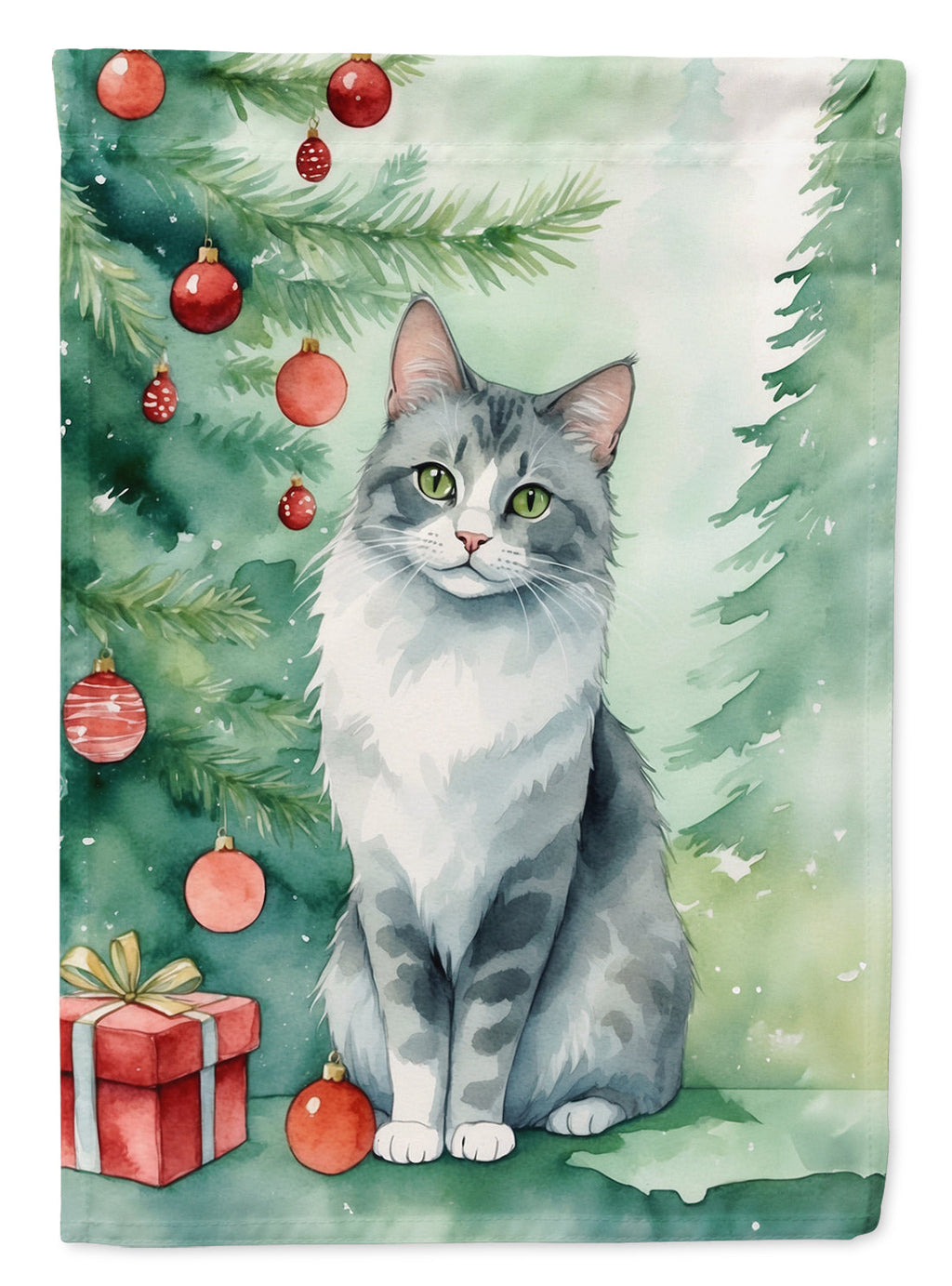 Australian Mist Cat By the Christmas Tree House Flag 28x40 Porch Sleeve Pole Decorative Outside Yard Banner Artwork Wall Hanging, Polyester