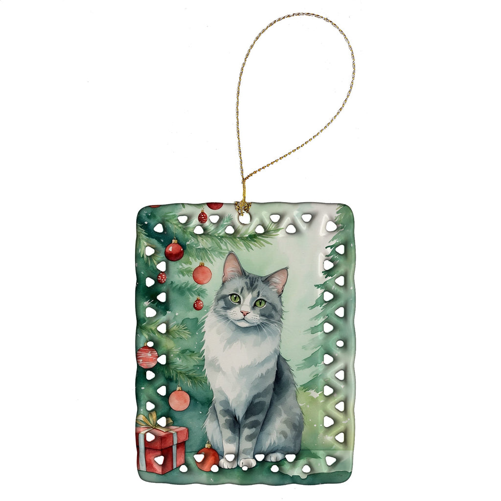 Australian Mist Cat By the Christmas Tree Porcelain Ornament Christmas Tree Hanging Decorations for Home Christmas Holiday, Rectangle, Gift, Multicolor