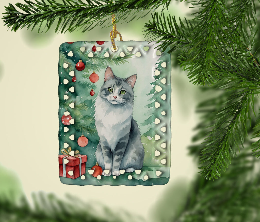 Australian Mist Cat By the Christmas Tree Porcelain Ornament Christmas Tree Hanging Decorations for Home Christmas Holiday, Rectangle, Gift, Multicolor
