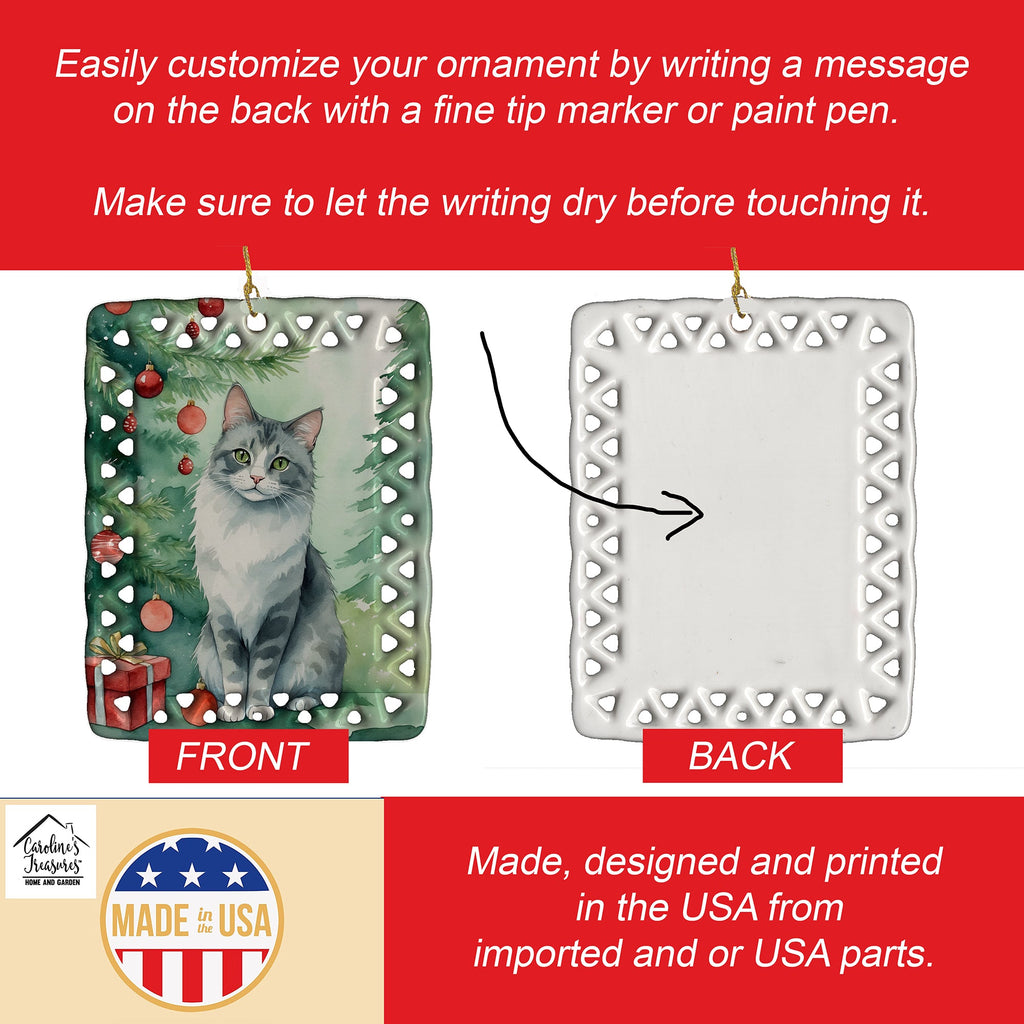Australian Mist Cat By the Christmas Tree Porcelain Ornament Christmas Tree Hanging Decorations for Home Christmas Holiday, Rectangle, Gift, Multicolor