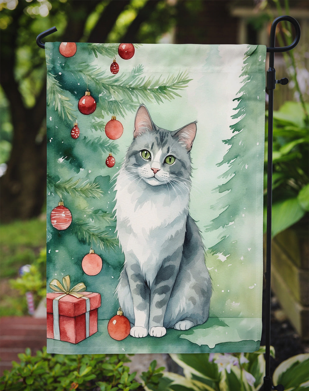 Australian Mist Cat By the Christmas Tree Garden Flag Mailbox Decorative Yard Banner Outside Patio Artwork for Flower Beds, Garden Size, Multicolor