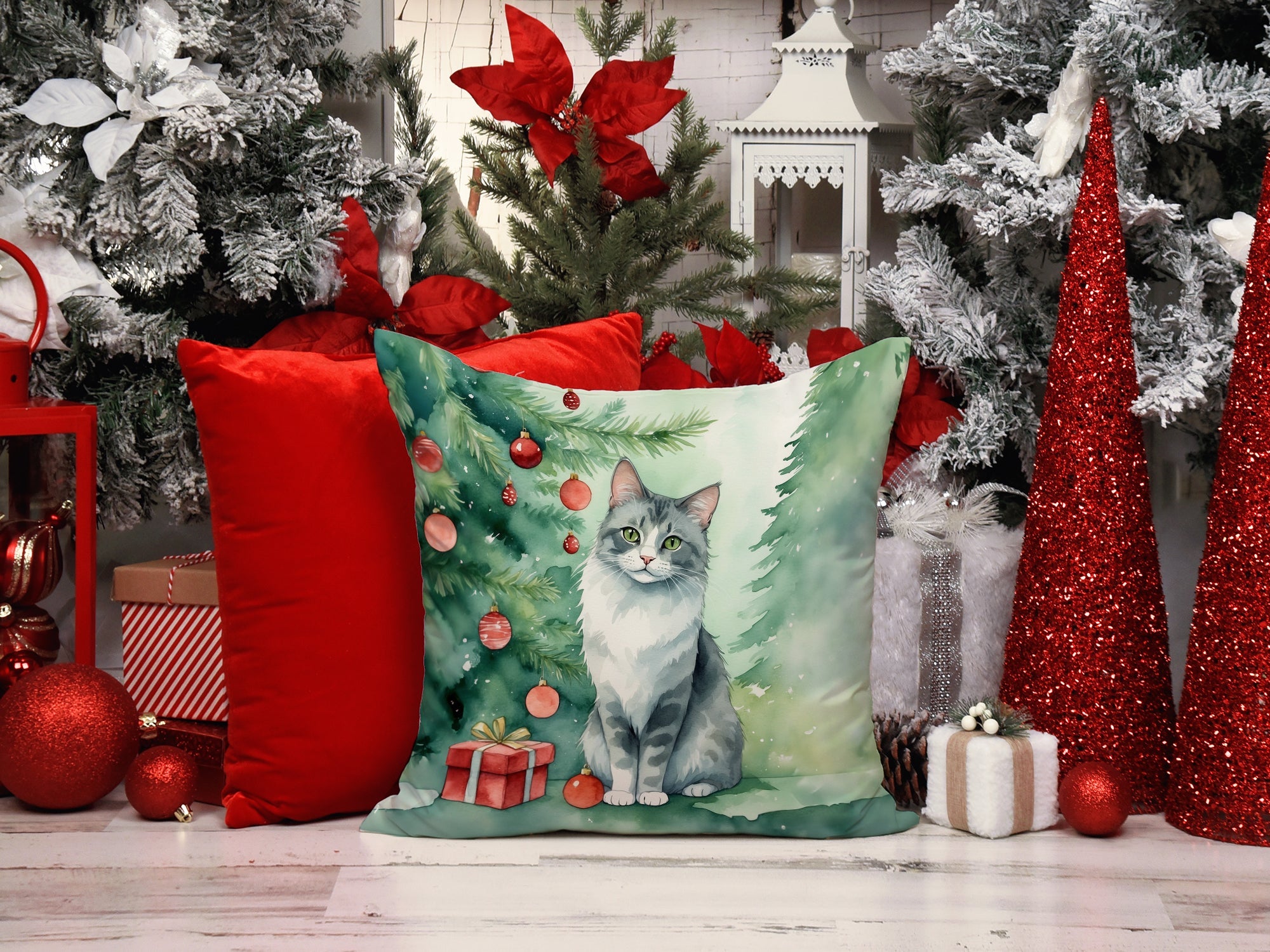 Australian Mist Cat By the Christmas Tree Decorative Throw Pillow 18x18 Indoor Outdoor Accent Cushion, Fabric Cover with Insert for Sofa, Bed, Porch & Living Room