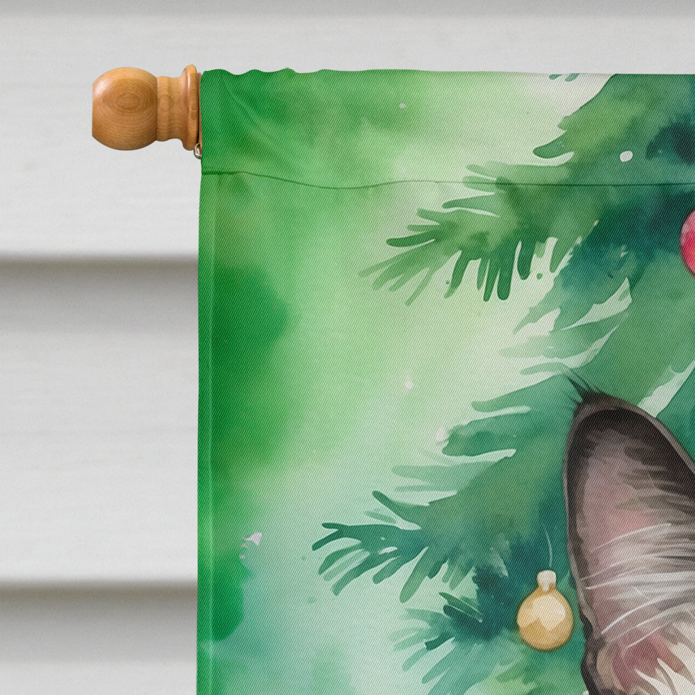 Balinese Cat By the Christmas Tree House Flag 28x40 Porch Sleeve Pole Decorative Outside Yard Banner Artwork Wall Hanging, Polyester