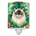 Balinese Cat By the Christmas Tree Ceramic Night Light Compact, UL-Certified, Ideal for Bedroom, Bathroom, Nursery, Hallway, Kitchen, 6x4x3, Multicolor