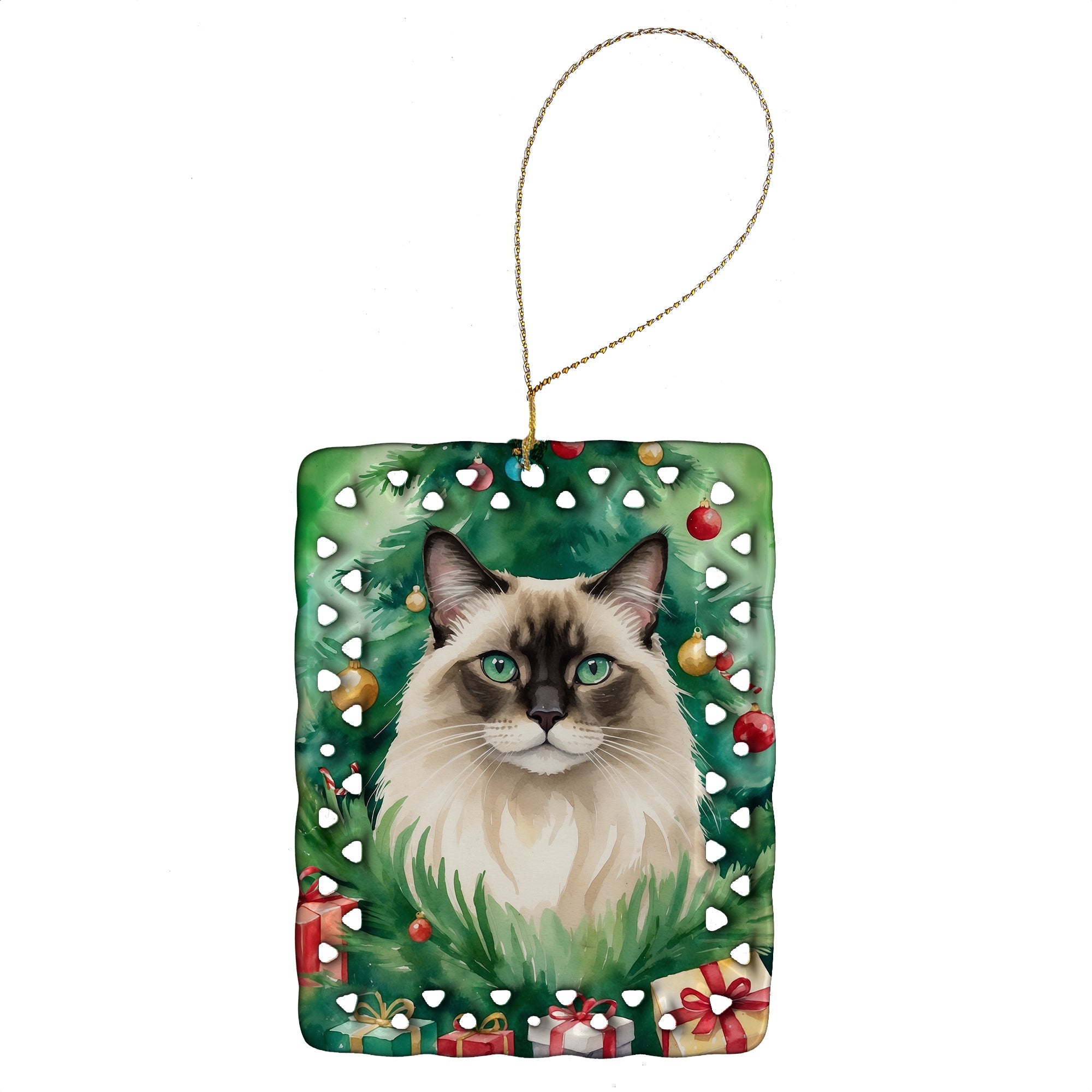 Balinese Cat By the Christmas Tree Porcelain Ornament Christmas Tree Hanging Decorations for Home Christmas Holiday, Rectangle, Gift, Multicolor