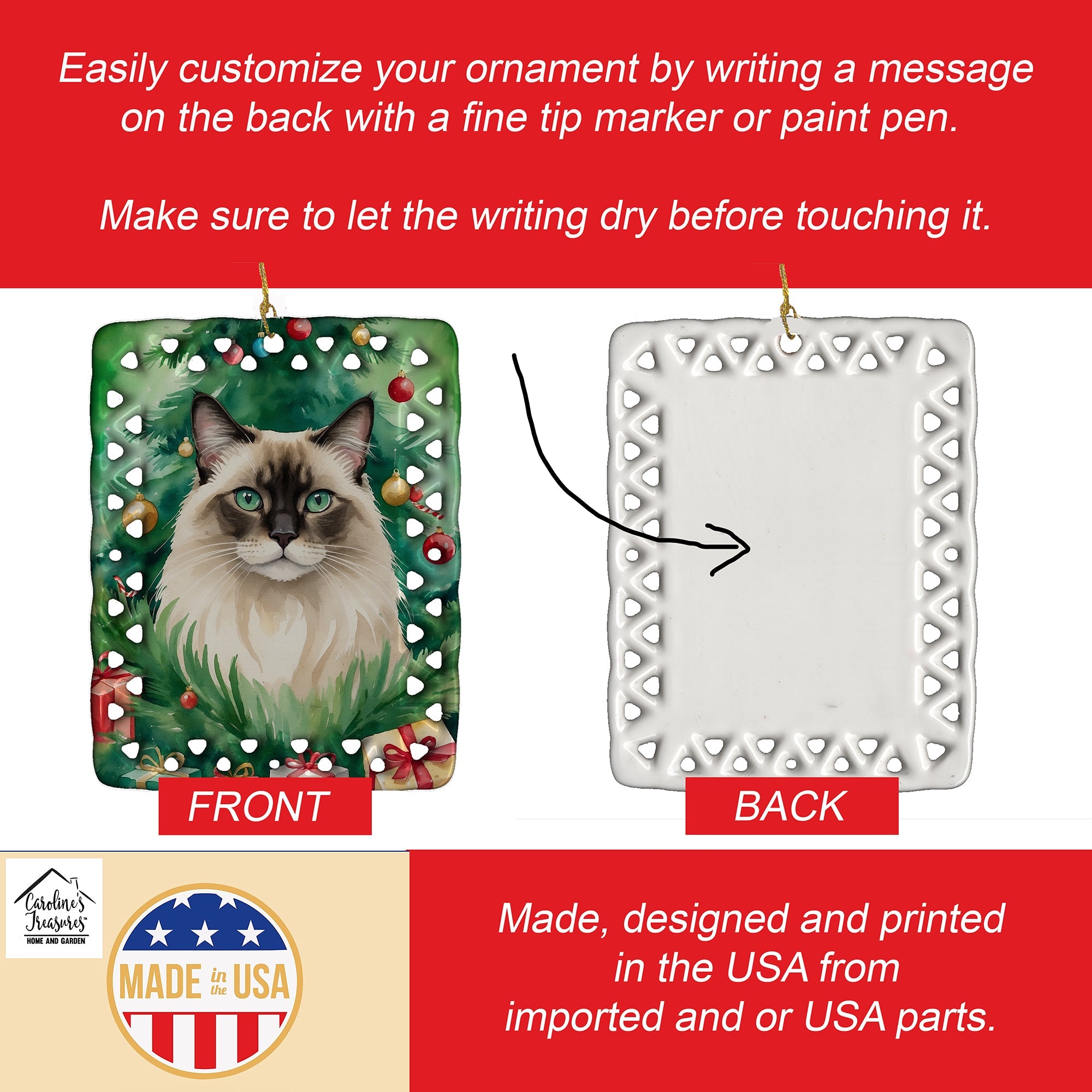 Balinese Cat By the Christmas Tree Porcelain Ornament Christmas Tree Hanging Decorations for Home Christmas Holiday, Rectangle, Gift, Multicolor