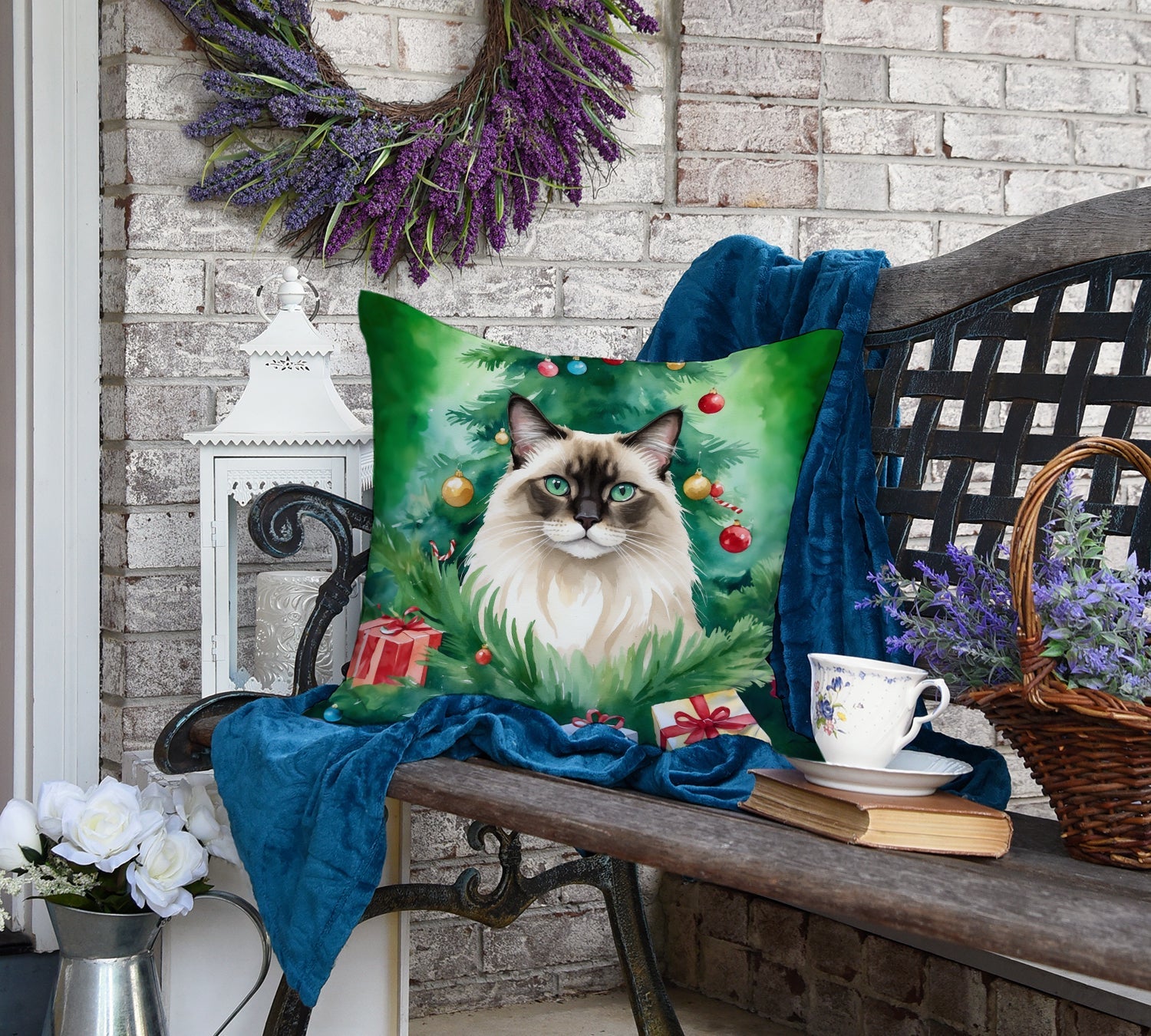 Balinese Cat By the Christmas Tree Decorative Throw Pillow 18x18 Indoor Outdoor Accent Cushion, Fabric Cover with Insert for Sofa, Bed, Porch & Living Room