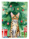 Bengal Cat By the Christmas Tree House Flag 28x40 Porch Sleeve Pole Decorative Outside Yard Banner Artwork Wall Hanging, Polyester