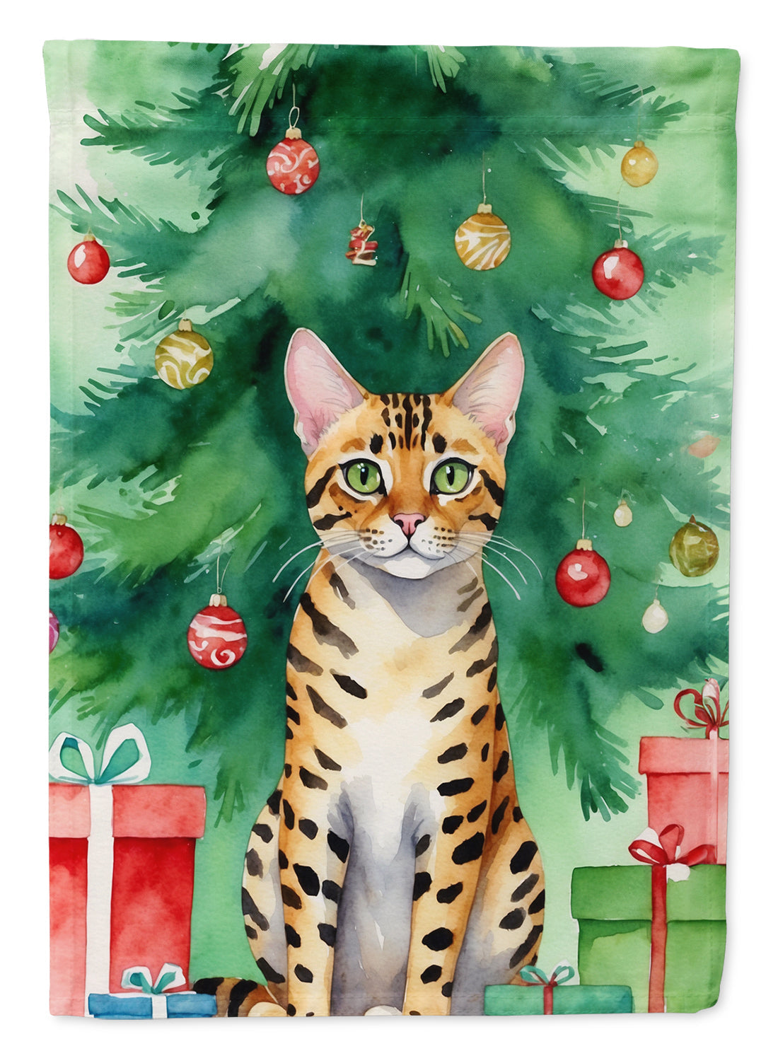 Bengal Cat By the Christmas Tree House Flag 28x40 Porch Sleeve Pole Decorative Outside Yard Banner Artwork Wall Hanging, Polyester
