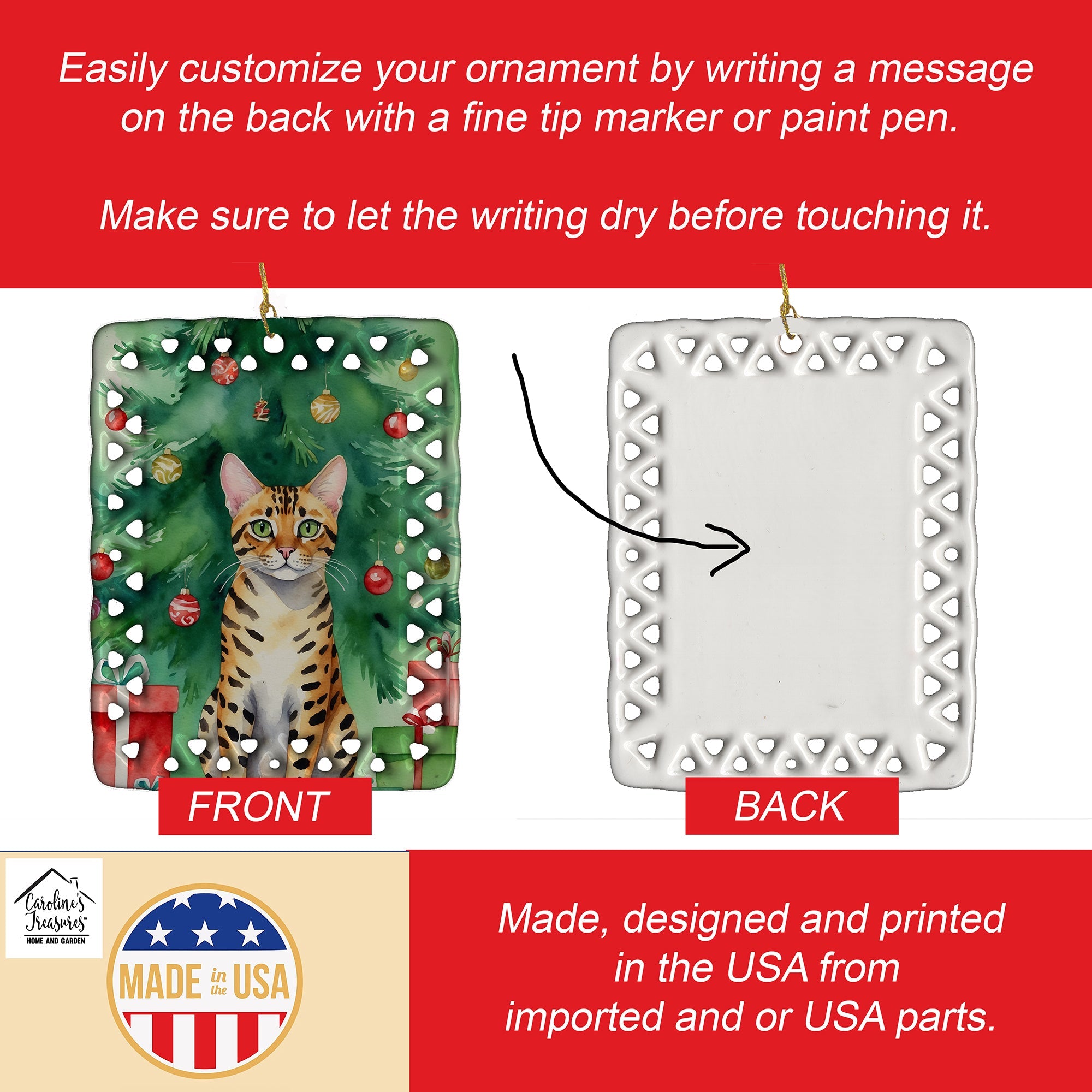 Bengal Cat By the Christmas Tree Porcelain Ornament Christmas Tree Hanging Decorations for Home Christmas Holiday, Rectangle, Gift, Multicolor