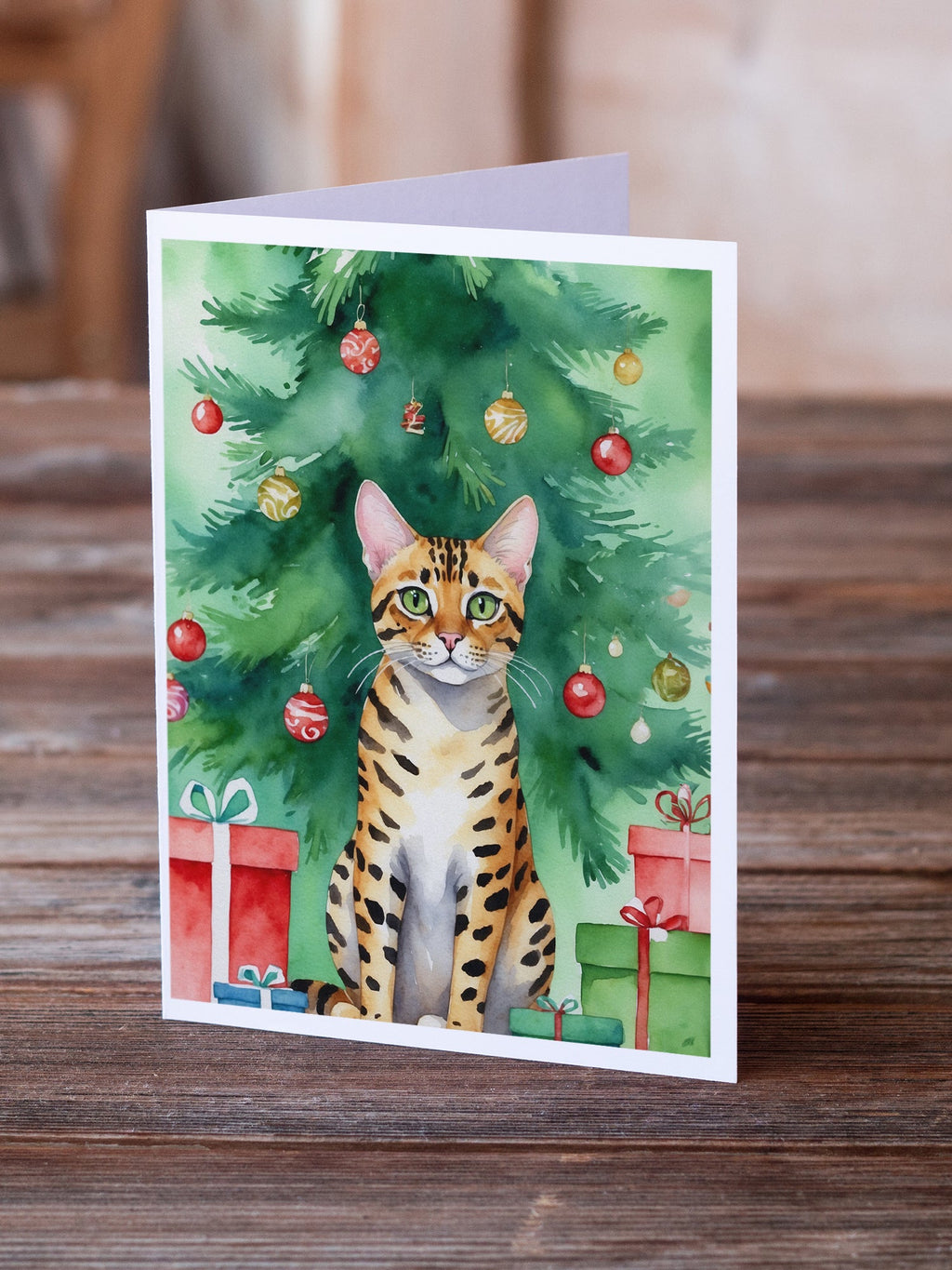 Bengal Cat By the Christmas Tree Greeting Cards Pack of 8 Blank Cards with Envelopes Whimsical A7 Size 5x7