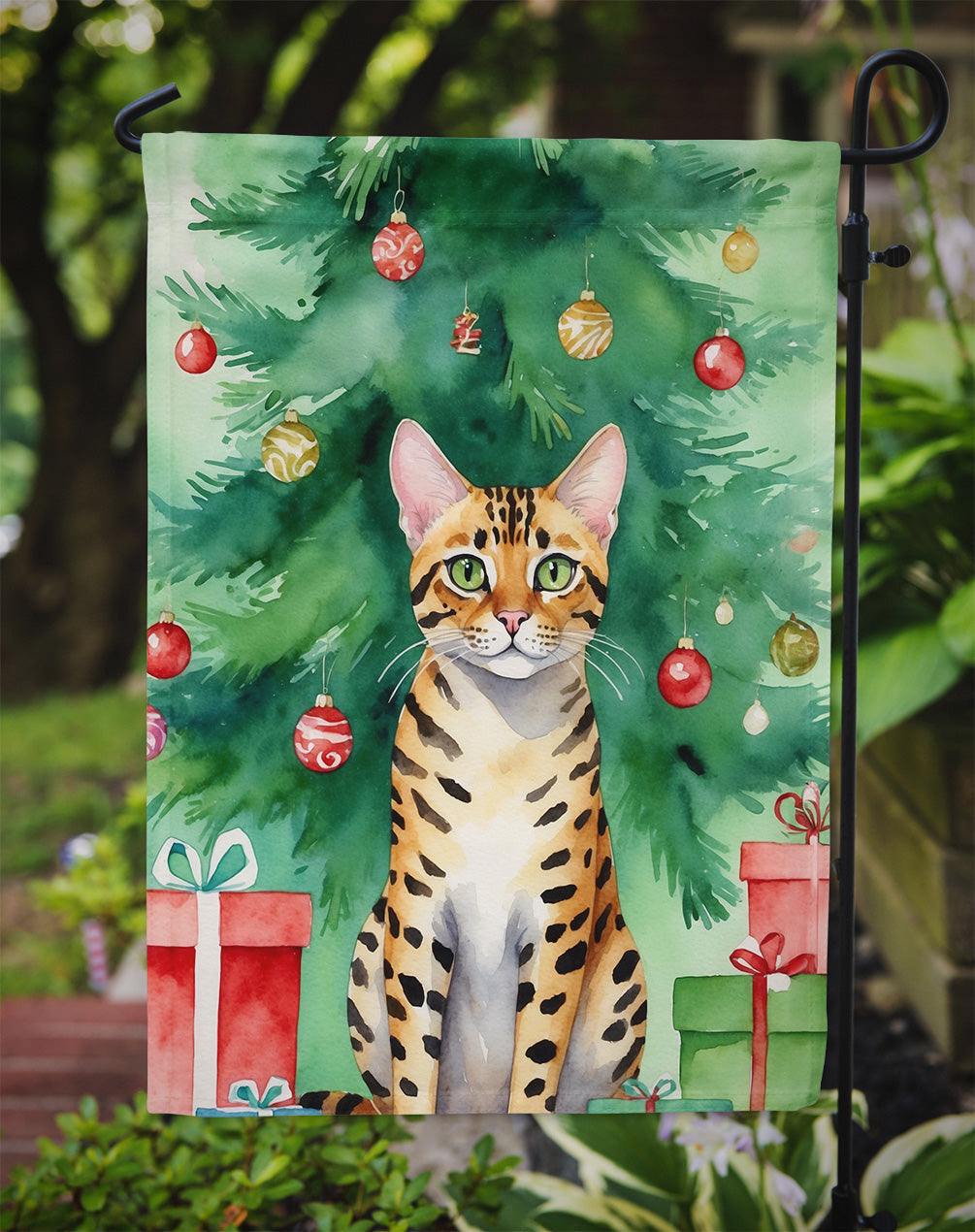 Bengal Cat By the Christmas Tree Garden Flag Mailbox Decorative Yard Banner Outside Patio Artwork for Flower Beds, Garden Size, Multicolor