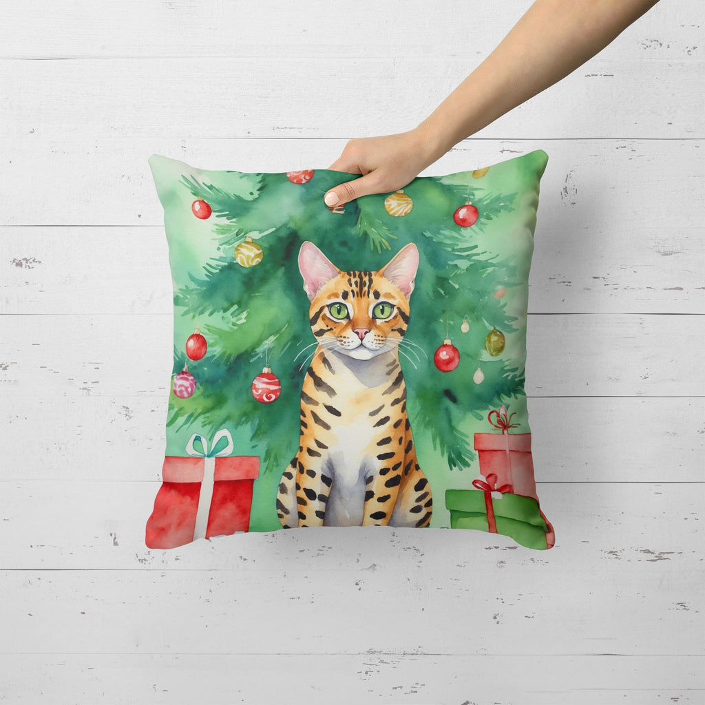 Bengal Cat By the Christmas Tree Decorative Throw Pillow 18x18 Indoor Outdoor Accent Cushion, Fabric Cover with Insert for Sofa, Bed, Porch & Living Room