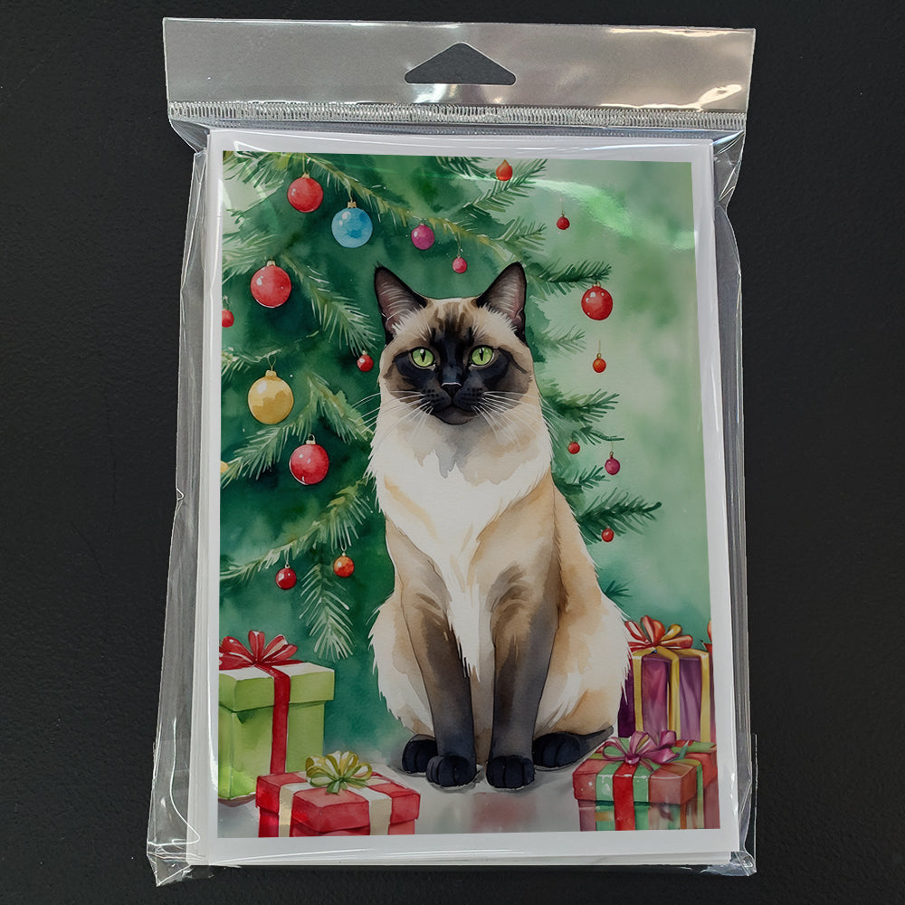 Birman Cat By the Christmas Tree Greeting Cards Pack of 8 Blank Cards with Envelopes Whimsical A7 Size 5x7