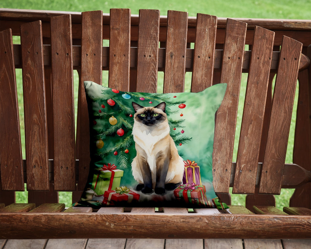 Birman Cat By the Christmas Tree Decorative Throw Pillow 14x14 Indoor Outdoor Accent Cushion, Fabric Cover with Insert for Sofa, Bed, Porch & Living Room