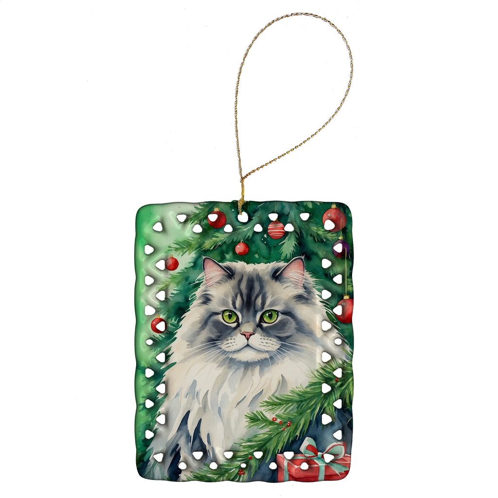 British Longhair Cat By the Christmas Tree Porcelain Ornament Christmas Tree Hanging Decorations for Home Christmas Holiday, Rectangle, Gift, Multicolor