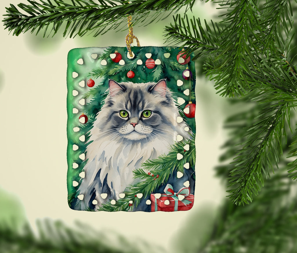 British Longhair Cat By the Christmas Tree Porcelain Ornament Christmas Tree Hanging Decorations for Home Christmas Holiday, Rectangle, Gift, Multicolor