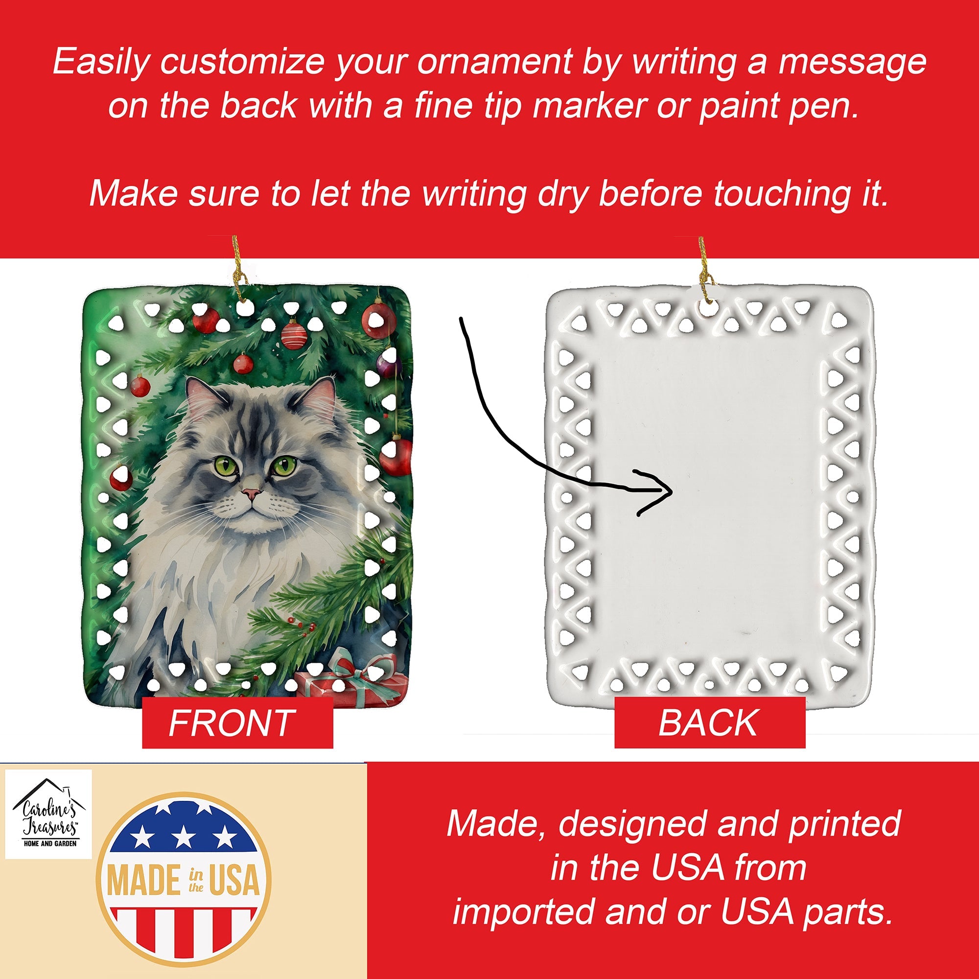 British Longhair Cat By the Christmas Tree Porcelain Ornament Christmas Tree Hanging Decorations for Home Christmas Holiday, Rectangle, Gift, Multicolor