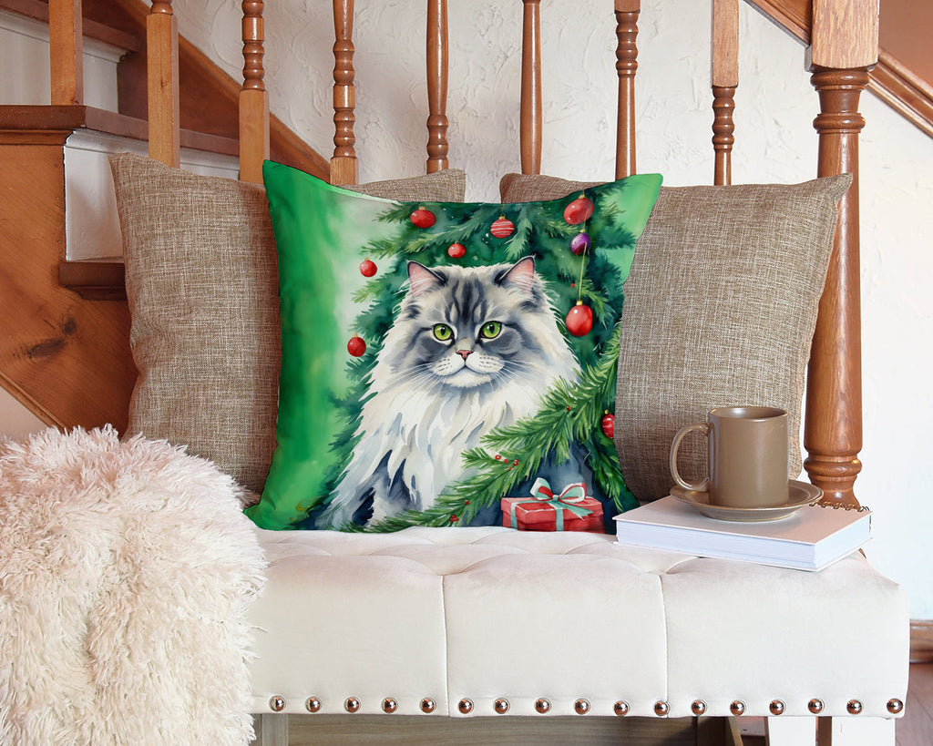 British Longhair Cat By the Christmas Tree Decorative Throw Pillow 14x14 Indoor Outdoor Accent Cushion, Fabric Cover with Insert for Sofa, Bed, Porch & Living Room