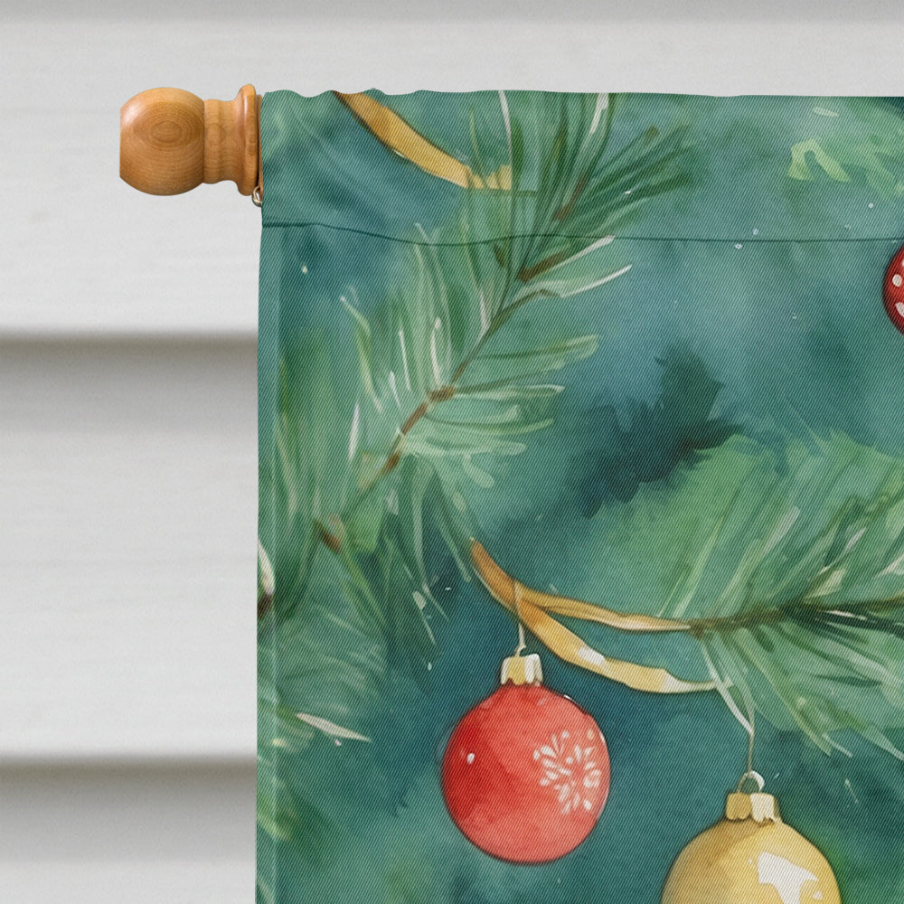 British Shorthair Cat By the Christmas Tree House Flag 28x40 Porch Sleeve Pole Decorative Outside Yard Banner Artwork Wall Hanging, Polyester