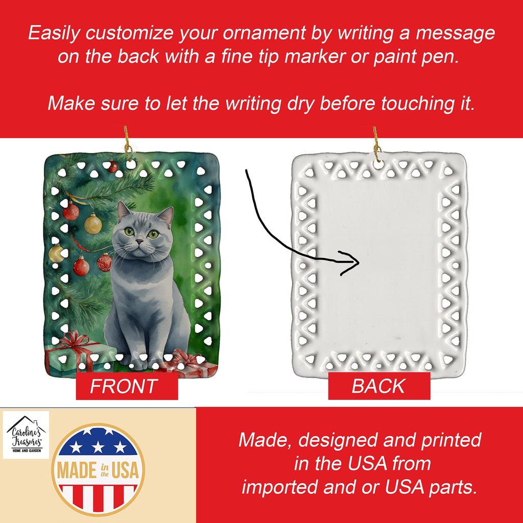British Shorthair Cat By the Christmas Tree Porcelain Ornament Christmas Tree Hanging Decorations for Home Christmas Holiday, Rectangle, Gift, Multicolor