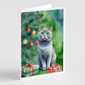 British Shorthair Cat By the Christmas Tree Greeting Cards Pack of 8 Blank Cards with Envelopes Whimsical A7 Size 5x7