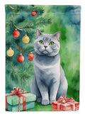 British Shorthair Cat By the Christmas Tree Garden Flag Mailbox Decorative Yard Banner Outside Patio Artwork for Flower Beds, Garden Size, Multicolor