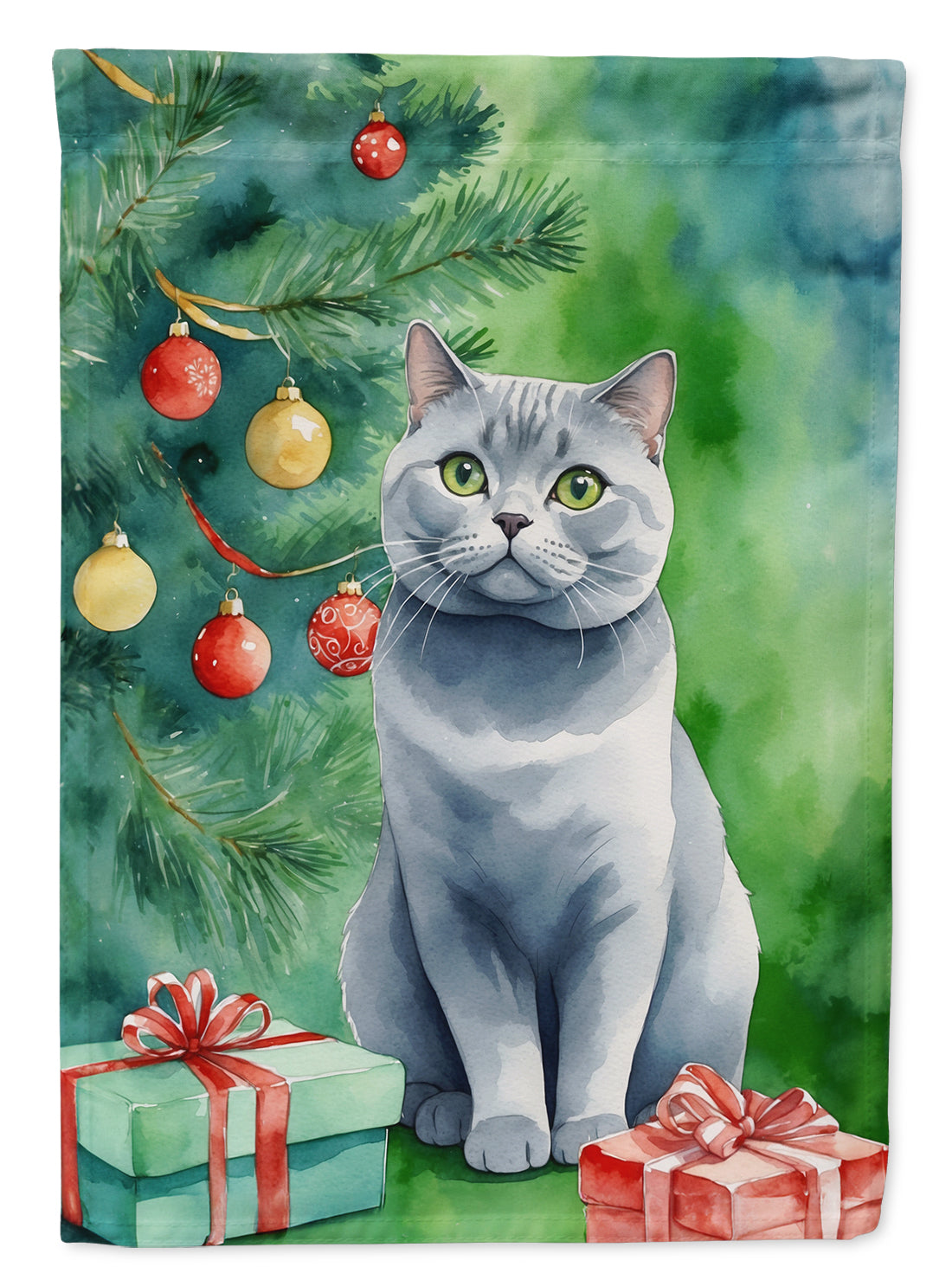 British Shorthair Cat By the Christmas Tree Garden Flag Mailbox Decorative Yard Banner Outside Patio Artwork for Flower Beds, Garden Size, Multicolor