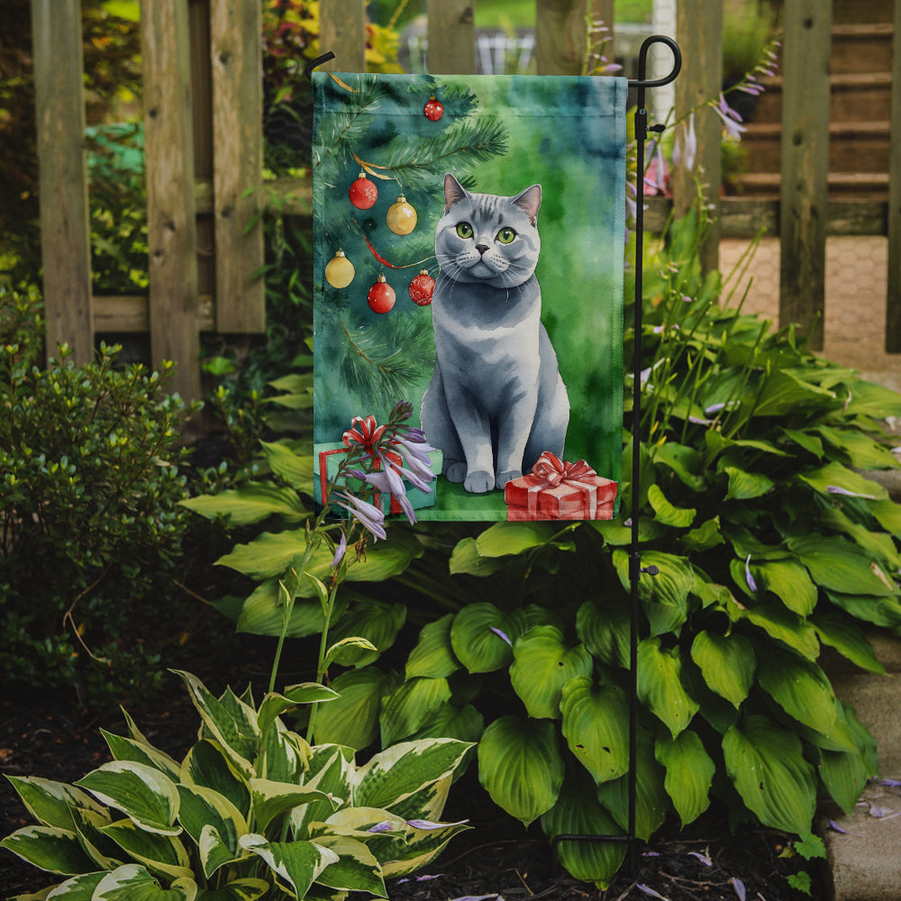 British Shorthair Cat By the Christmas Tree Garden Flag Mailbox Decorative Yard Banner Outside Patio Artwork for Flower Beds, Garden Size, Multicolor
