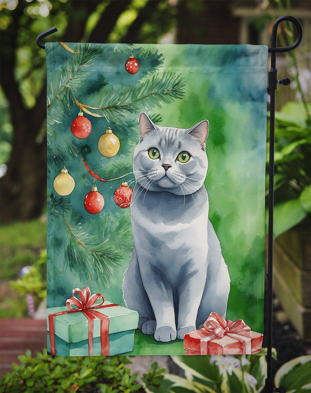 British Shorthair Cat By the Christmas Tree Garden Flag Mailbox Decorative Yard Banner Outside Patio Artwork for Flower Beds, Garden Size, Multicolor