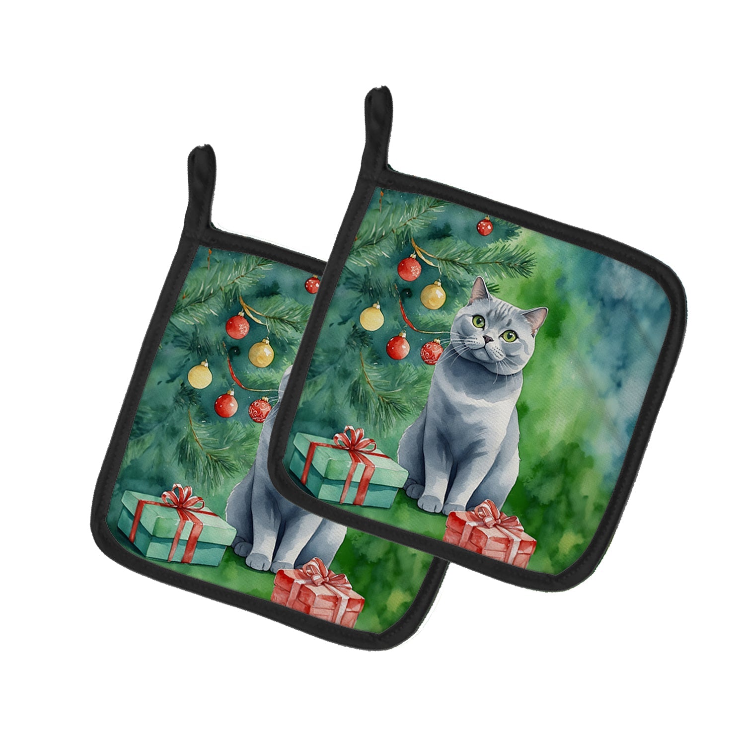 British Shorthair Cat By the Christmas Tree Pot Holder Set of 2 Heat Resistant Quilted Hot Pads 7.5 x 7.5 Inch, Insulated Kitchen Trivets for Cooking & Baking