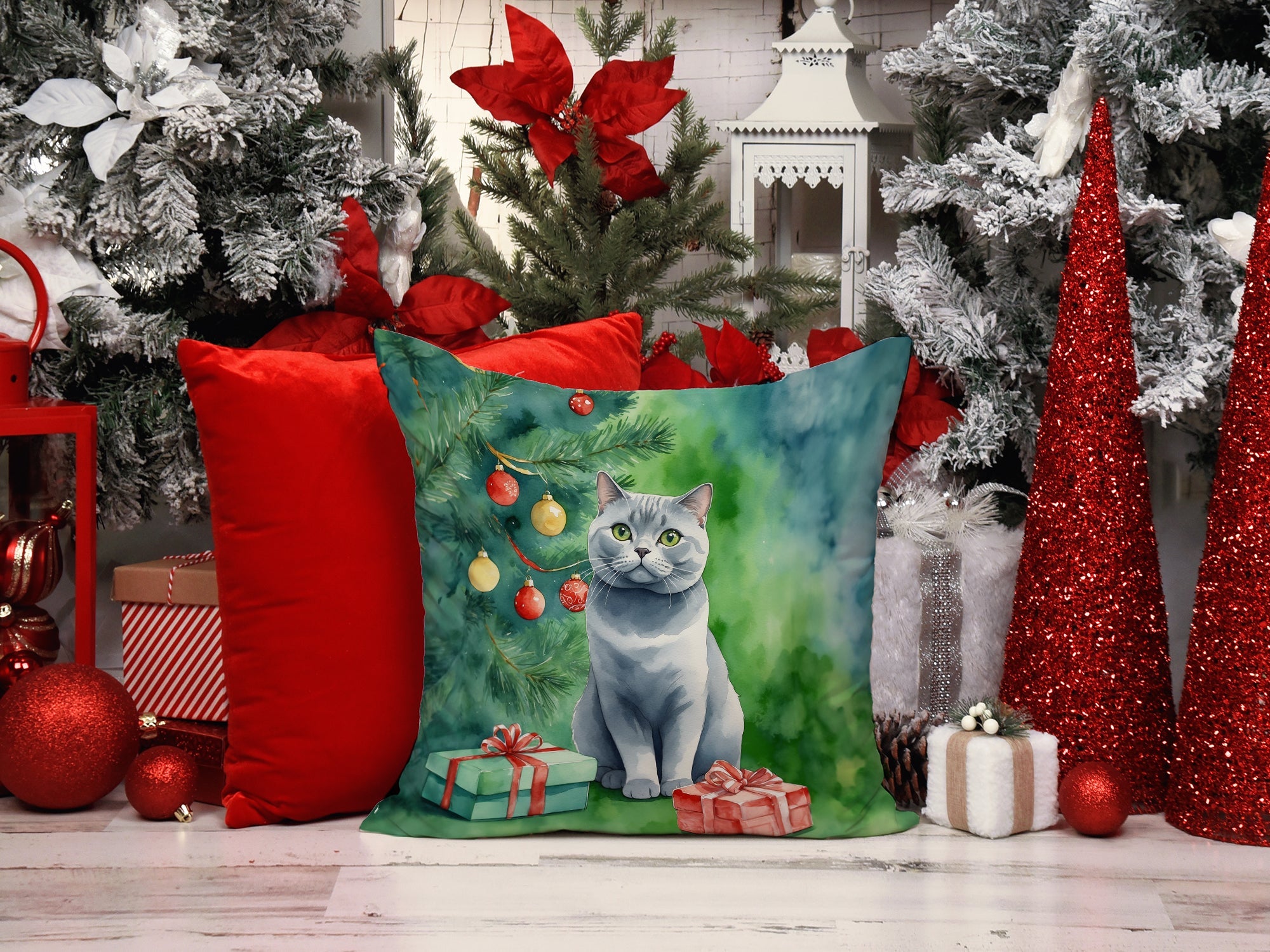 British Shorthair Cat By the Christmas Tree Decorative Throw Pillow 18x18 Indoor Outdoor Accent Cushion, Fabric Cover with Insert for Sofa, Bed, Porch & Living Room
