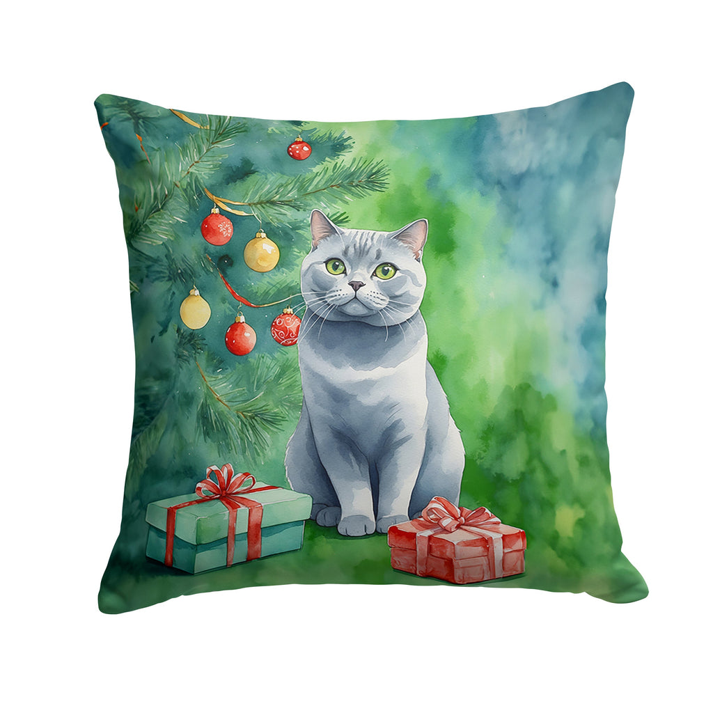 British Shorthair Cat By the Christmas Tree Decorative Throw Pillow 18x18 Indoor Outdoor Accent Cushion, Fabric Cover with Insert for Sofa, Bed, Porch & Living Room